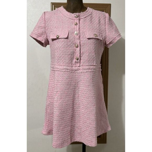 Textured Mini Dress Women’s Medium Pink A-line Buttons Fringe Frayed Faux - Picture 1 of 9